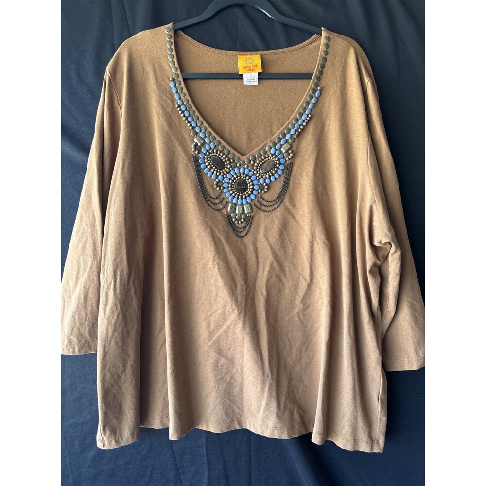 Vintage Ruby Rd Top V-Neck 3/4 Sleeve Womens  3XL Jewels Embellished Neckline